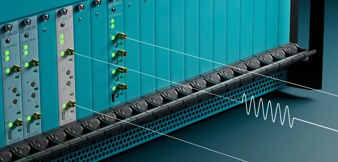 Close-up view of a Qblox modular hardware system with illuminated control and readout panels and connected ports