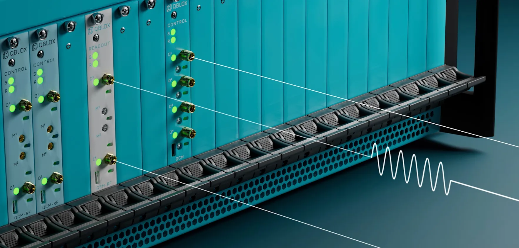 Close-up view of a Qblox modular hardware system with illuminated control and readout panels and connected ports